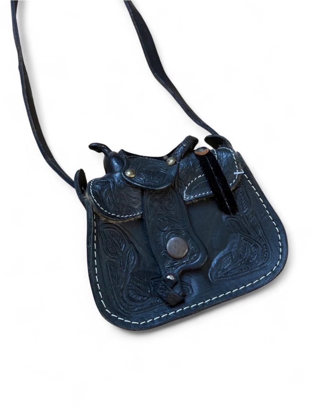 Vintage tooled leather mini saddle crossbody bag